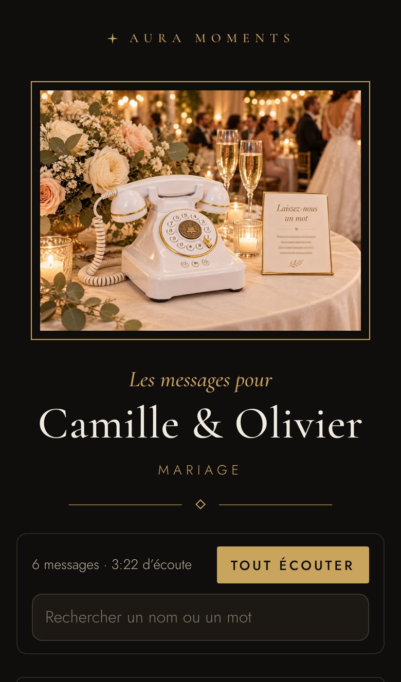 L’album de Camille et Olivier sur un cellulaire : photo, titre et bouton Tout écouter