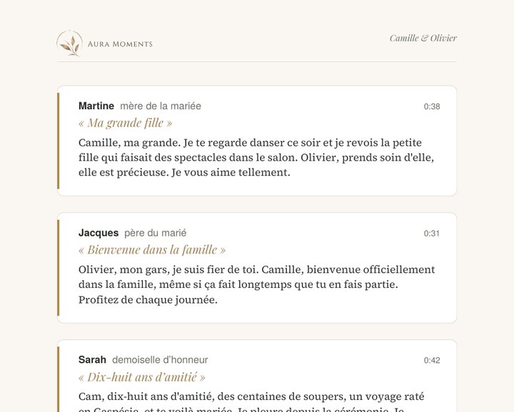 Une page du livret à imprimer, avec chaque message transcrit