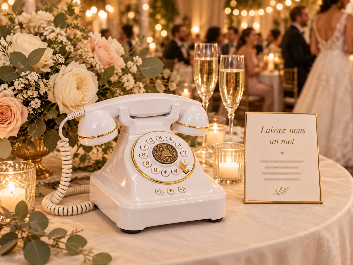 Téléphone livre d’or blanc sur une table de mariage, avec fleurs, chandelles et carte « Laissez-nous un mot »