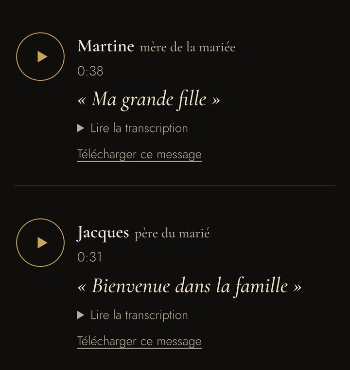 Les messages de l’album : Martine, mère de la mariée; Jacques, père du marié; Sarah, demoiselle d’honneur