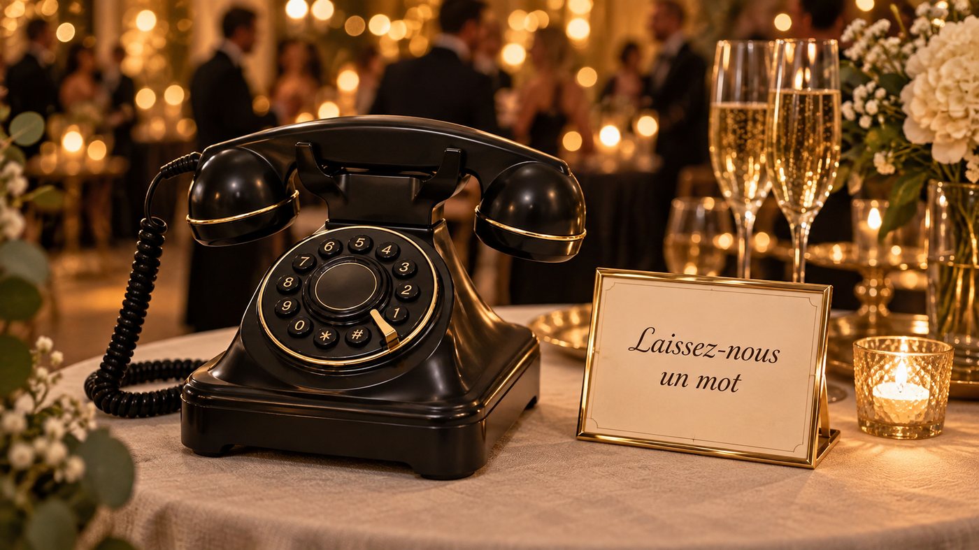 Téléphone livre d’or noir et or lors d’une soirée chic, avec flûtes de champagne et carte « Laissez-nous un mot »